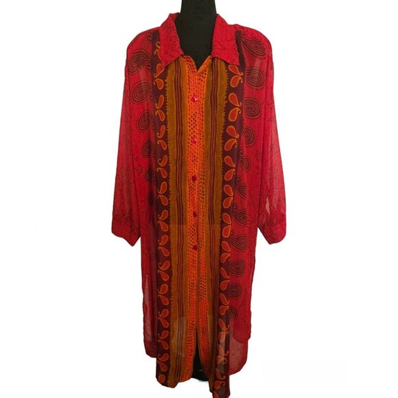 Vintage Tops - Vintage Nouveau Monde Red Sheer Paisley Print Long Sleeve LongLine Tunic Size 1X